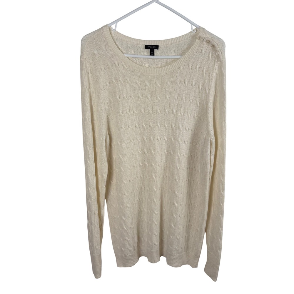 Talbots Cable Knit Sweater Womens XL Cream Lambswool Blend Preppy Fisherman Soft